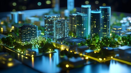 Poster - A brainstorming workshop using 3D glowing urban green infrastructure models and 2D glowing progress metrics. 4k resolution, Cinematic Scene