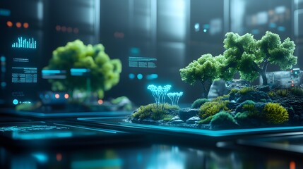Aufkleber - A futuristic team session integrating 3D glowing ocean cleanup technologies with 2D floating decision trees. 4k resolution, Cinematic Scene