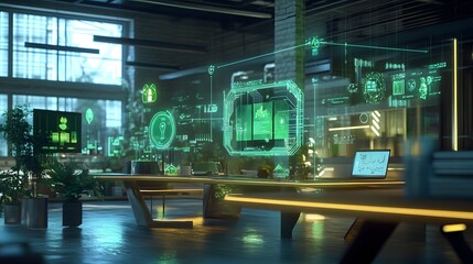 Aufkleber - A hybrid workspace showcasing 3D glowing green tech applications with 2D floating project impact metrics. 4k resolution, Cinematic Scene