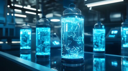 Aufkleber - A digital lab showcasing 3D glowing plastic waste solutions with 2D floating progress milestones. 4k resolution, Cinematic Scene