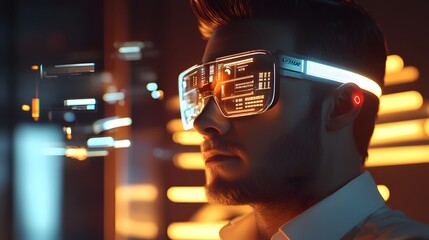 Aufkleber - A modern office worker wearing a 3D glowing wearable device that displays task metrics, with 2D animated notifications hovering nearby. 4k resolution, Cinematic Scene