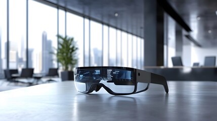 Poster - A sleek office showcasing wearable augmented reality glasses projecting 3D data streams, with 2D actionable insights overlaying the scene. 4k resolution, Cinematic Scene