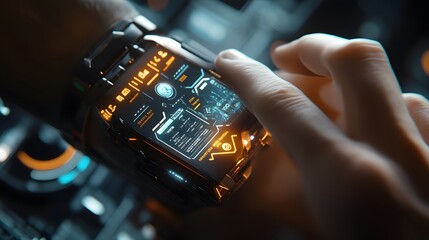 Poster - A professional interacting with a 3D glowing smartwatch interface displaying real-time collaboration tools, with 2D task reminders. 4k resolution, Cinematic Scene