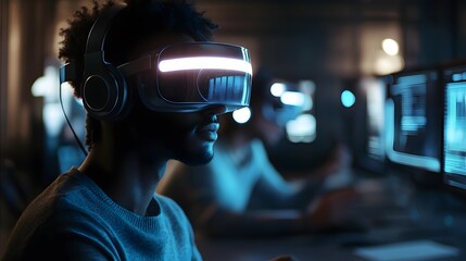 Poster - A futuristic workspace where employees use 3D glowing wearable headsets for virtual meetings, complemented by 2D live updates. 4k resolution, Cinematic Scene