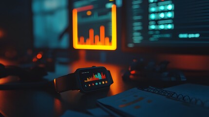 Aufkleber - A minimalist office setup with a professional wearing a 3D glowing fitness tracker displaying productivity stats, with 2D floating charts. 4k resolution, Cinematic Scene