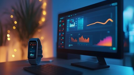 Aufkleber - A minimalist office setup with a professional wearing a 3D glowing fitness tracker displaying productivity stats, with 2D floating charts. 4k resolution, Cinematic Scene