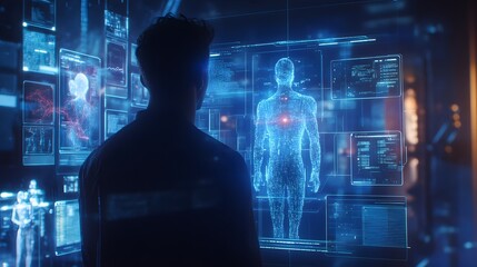 Poster - A hybrid professional using wearable tech to interact with 3D holographic team avatars, supported by 2D task priorities. 4k resolution, Cinematic Scene