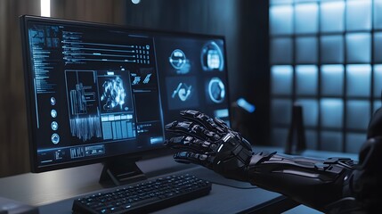 Aufkleber - A sleek workspace showcasing wearable tech gloves that control 3D holographic tools, with 2D annotations for efficiency tracking. 4k resolution, Cinematic Scene