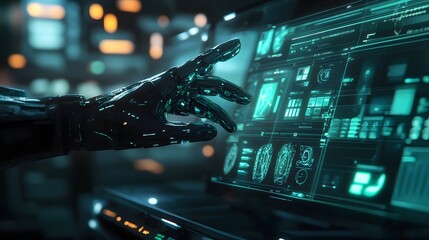 Aufkleber - A sleek workspace showcasing wearable tech gloves that control 3D holographic tools, with 2D annotations for efficiency tracking. 4k resolution, Cinematic Scene