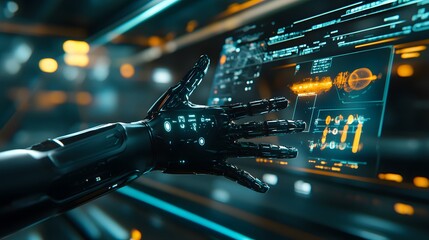 Aufkleber - A sleek workspace showcasing wearable tech gloves that control 3D holographic tools, with 2D annotations for efficiency tracking. 4k resolution, Cinematic Scene