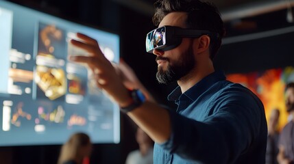 Poster - A collaborative team session with employees using wearable wristbands to project 3D task workflows and 2D performance updates. 4k resolution, Cinematic Scene