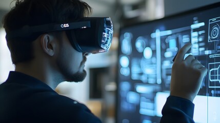 Poster - A collaborative team session with employees using wearable wristbands to project 3D task workflows and 2D performance updates. 4k resolution, Cinematic Scene