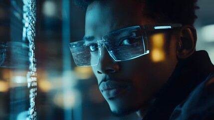 Poster - A remote professional interacting with wearable AI glasses that project 3D digital assistants, with 2D real-time insights displayed. 4k resolution, Cinematic Scene