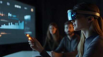 Aufkleber - A professional in a hybrid meeting using a wearable device projecting 3D customer engagement metrics, with 2D glowing annotations. 4k resolution, Cinematic Scene