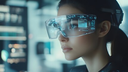 Poster - A futuristic design lab showcasing wearable tech that triggers 3D holographic prototypes, with 2D task reminders overlaying the environment. 4k resolution, Cinematic Scene