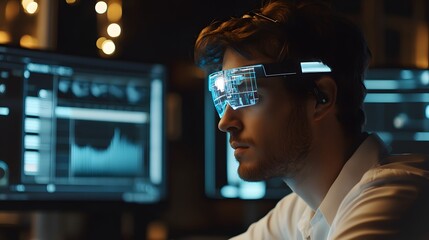 Poster - A professional analyzing workplace data using a wearable headband that projects 3D resource management tools, with 2D actionable charts. 4k resolution, Cinematic Scene