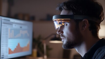 Poster - A professional analyzing workplace data using a wearable headband that projects 3D resource management tools, with 2D actionable charts. 4k resolution, Cinematic Scene