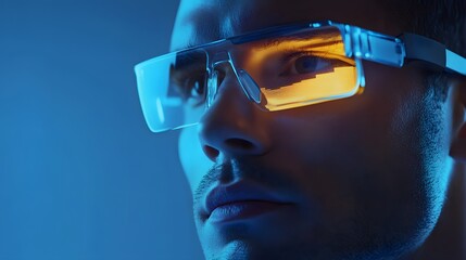 Aufkleber - A hybrid professional presenting with wearable smart glasses that display 3D glowing analytics, supported by 2D animated insights. 4k resolution, Cinematic Scene