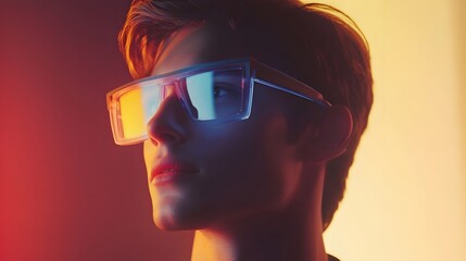Aufkleber - A hybrid professional presenting with wearable smart glasses that display 3D glowing analytics, supported by 2D animated insights. 4k resolution, Cinematic Scene