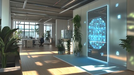Poster - A coworking space integrating wearable wrist devices that activate 3D team collaboration tools, with 2D glowing real-time feedback. 4k resolution, Cinematic Scene