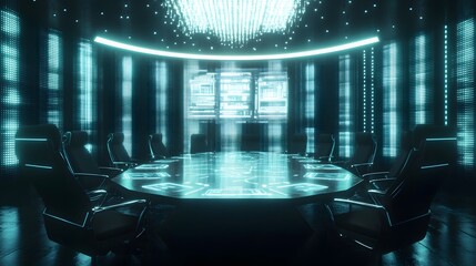 Poster - A futuristic meeting room where wearable AI rings control 3D glowing decision-support tools, with 2D progress updates. 4k resolution, Cinematic Scene