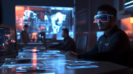 Poster - A collaborative team session using wearable AR glasses to manage 3D glowing virtual meeting tools and 2D communication threads. 4k resolution, Cinematic Scene
