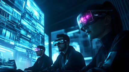 Poster - A collaborative team session using wearable AR glasses to manage 3D glowing virtual meeting tools and 2D communication threads. 4k resolution, Cinematic Scene