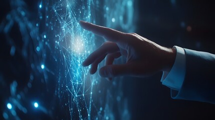 Poster - A professional wearing a 3D holographic interface device to present strategic data, with 2D glowing annotations for collaboration. 4k resolution, Cinematic Scene
