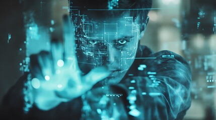 Poster - A professional wearing a 3D holographic interface device to present strategic data, with 2D glowing annotations for collaboration. 4k resolution, Cinematic Scene