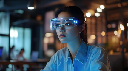Poster - A coworking hub integrating wearable tech to activate 3D virtual assistant tools and 2D real-time team updates. 4k resolution, Cinematic Scene