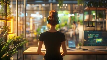 Poster - A coworking hub integrating wearable tech to activate 3D virtual assistant tools and 2D real-time team updates. 4k resolution, Cinematic Scene