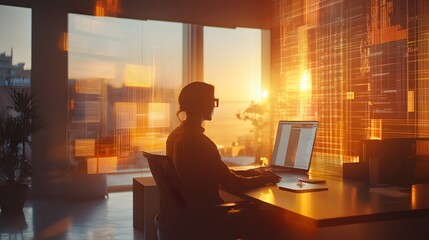 Poster - A remote worker using wearable smart glasses to interact with 3D glowing productivity tools and 2D visualized task outcomes. 4k resolution, Cinematic Scene