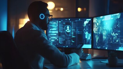 Poster - A remote worker using wearable smart glasses to interact with 3D glowing productivity tools and 2D visualized task outcomes. 4k resolution, Cinematic Scene