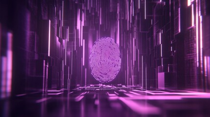 Poster - Futuristic Digital Fingerprint in Neon Light Surrounded by Abstract Geometric Shapes and Glowing Particles, Representing Security and Technology Concepts