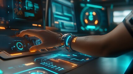 Poster - A collaborative workspace featuring wearable wristbands activating 3D glowing communication hubs and 2D progress trackers. 4k resolution, Cinematic Scene
