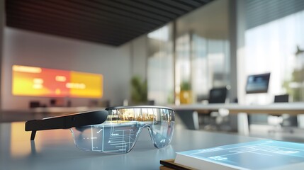 Aufkleber - A modern office with wearable AR glasses showcasing 3D decision pathways and 2D real-time success metrics. 4k resolution, Cinematic Scene