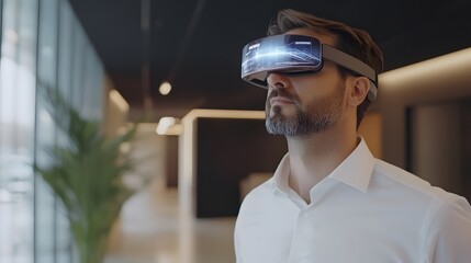 Aufkleber - A modern office with wearable AR glasses showcasing 3D decision pathways and 2D real-time success metrics. 4k resolution, Cinematic Scene