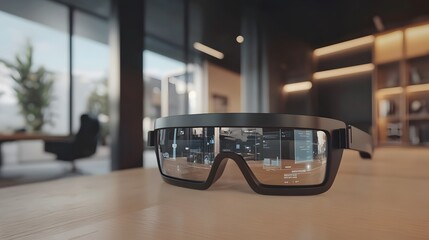 Aufkleber - A modern office with wearable AR glasses showcasing 3D decision pathways and 2D real-time success metrics. 4k resolution, Cinematic Scene