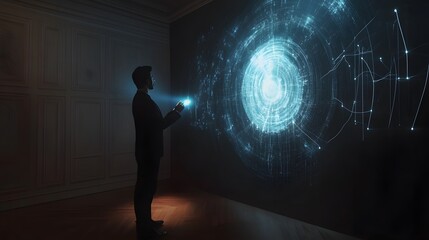 Poster - A professional presenting using a wearable biometric device projecting 3D glowing innovation paths, supported by 2D feedback metrics. 4k resolution, Cinematic Scene