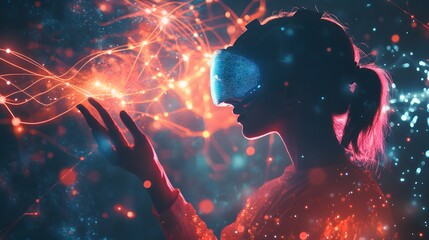 Poster - A professional presenting using a wearable biometric device projecting 3D glowing innovation paths, supported by 2D feedback metrics. 4k resolution, Cinematic Scene