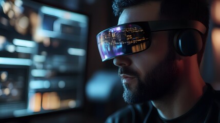 Poster - A collaborative team session with wearable smartbands that trigger 3D glowing project reviews and 2D live updates. 4k resolution, Cinematic Scene