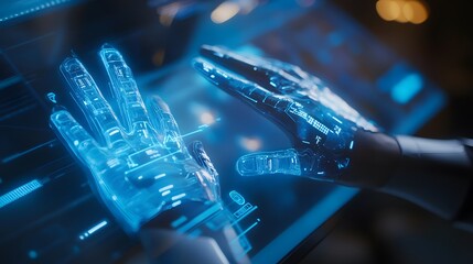 Poster - A futuristic brainstorming hub with wearable AR gloves projecting 3D glowing prototypes and 2D team communication pathways. 4k resolution, Cinematic Scene