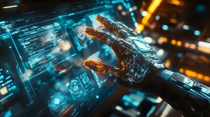Poster - A futuristic brainstorming hub with wearable AR gloves projecting 3D glowing prototypes and 2D team communication pathways. 4k resolution, Cinematic Scene