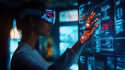 Poster - A futuristic brainstorming hub with wearable AR gloves projecting 3D glowing prototypes and 2D team communication pathways. 4k resolution, Cinematic Scene