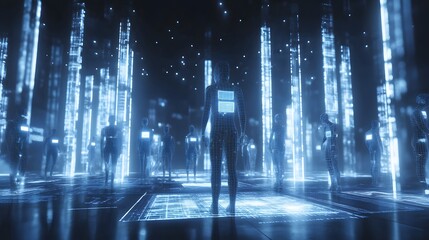 Poster - A team collaborating with wearable AI devices projecting 3D glowing digital dashboards and 2D visual progress bars. 4k resolution, Cinematic Scene