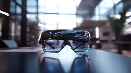 Aufkleber - A sleek office where wearable AR glasses display 3D glowing workflow improvements and 2D actionable suggestions. 4k resolution, Cinematic Scene