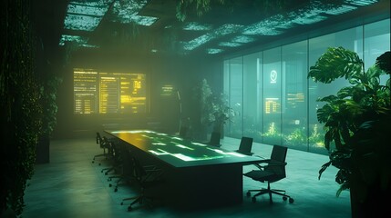 Poster - A collaborative workspace integrating wearable smartbands for 3D glowing innovation boards and 2D team alignment visuals. 4k resolution, Cinematic Scene