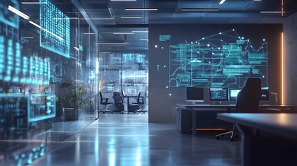 Aufkleber - A sleek office where wearable AR glasses display 3D glowing workflow improvements and 2D actionable suggestions. 4k resolution, Cinematic Scene