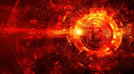 Poster - Abstract digital artwork depicting a red and gold Bitcoin symbol radiating energy in a futuristic environment full of dynamic lines and glowing particles