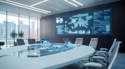 Poster - A futuristic meeting room featuring wearable AI trackers that manage 3D glowing project models and 2D performance indicators. 4k resolution, Cinematic Scene